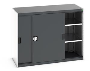 Bott cubio cupboard with lockable sliding doors 1000mm high x 1300mm wide x 650mm deep and supplied with 2 x 160kg capacity shelves.   Ideal for areas with limited space where standard outward opening doors would not be suitable.... Bott Cubio Sliding Solid Door Cupboards with shelves and drawers 1600mm high option available